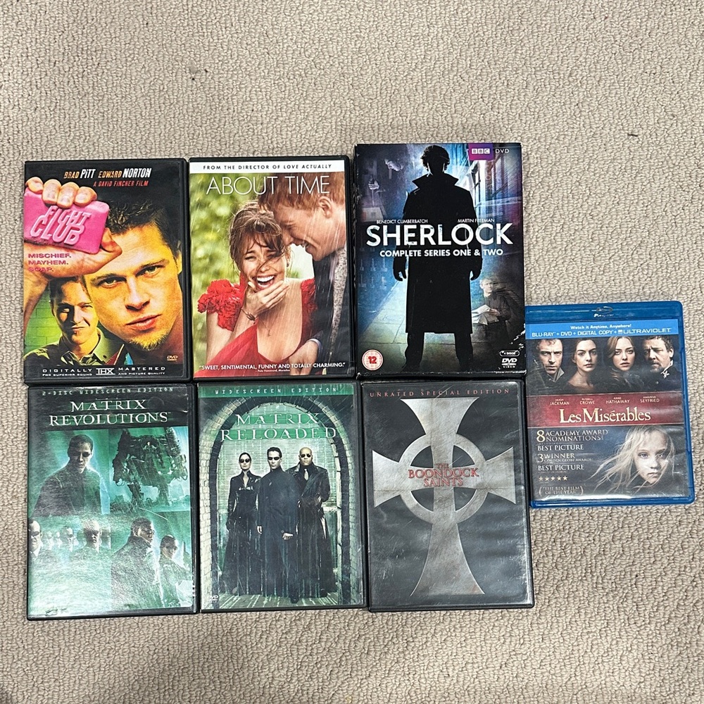 DVD Collection: Fight Club, About Time, Sherlock, Matrix, Les Miserables